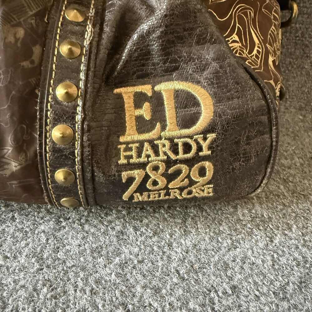 Y2k Ed Hardy 7820 Melrose Brown Studded Satchel Top Handle Bag Graphic Print - Picture 4 of 13